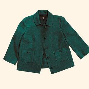 Talbots Green Tweed Cropped Blazer Jacket Retro Preppy Academia